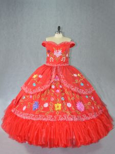 Floor Length Red Quinceanera Dresses Satin Sleeveless Embroidery