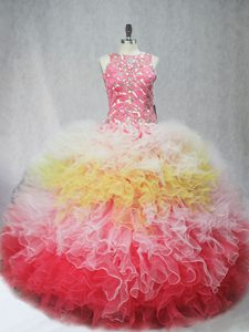 Pretty Beading and Ruffles Sweet 16 Dress Multi-color Zipper Sleeveless Floor Length