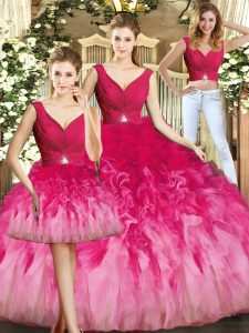 Sweet Multi-color Vestidos de Quinceanera Sweet 16 and Quinceanera with Beading and Ruffles V-neck Sleeveless Lace Up