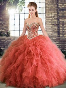 Modest Sweetheart Sleeveless Lace Up Sweet 16 Dresses Coral Red Tulle