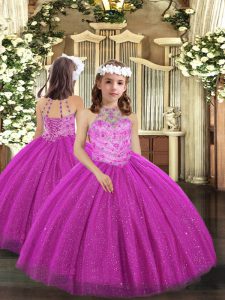 Sleeveless Tulle Floor Length Lace Up Girls Pageant Dresses in Fuchsia with Beading