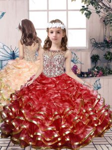 Red Organza Lace Up Little Girl Pageant Gowns Sleeveless Floor Length Beading and Ruffles