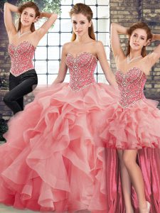 Traditional Watermelon Red Sleeveless Beading and Ruffles Lace Up Sweet 16 Dresses