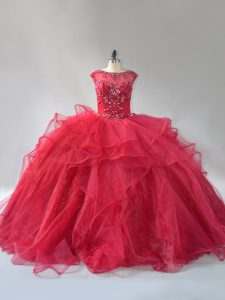 Custom Fit Wine Red Quinceanera Dress Organza Brush Train Sleeveless Beading and Ruffles