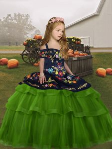 Green Lace Up Straps Embroidery Little Girl Pageant Gowns Tulle Sleeveless