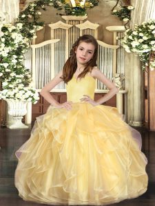 Low Price Gold Lace Up Straps Ruffles Child Pageant Dress Organza Sleeveless