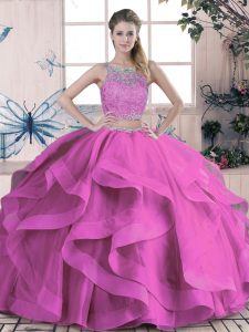 Cute Sleeveless Lace Up Floor Length Beading and Lace and Ruffles Sweet 16 Dresses