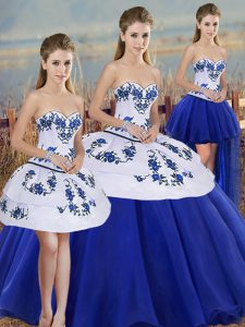 Beautiful Floor Length Royal Blue Quinceanera Gowns Tulle Sleeveless Embroidery and Bowknot