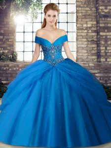 Blue Sleeveless Brush Train Beading and Pick Ups 15 Quinceanera Dress