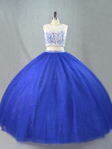 Popular Royal Blue Sleeveless Lace Floor Length Ball Gown Prom Dress