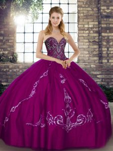 Fuchsia Ball Gowns Beading and Embroidery Ball Gown Prom Dress Lace Up Tulle Sleeveless Floor Length