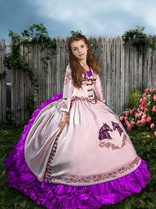 Hot Sale White Girls Pageant Dresses Wedding Party with Embroidery and Ruffles Straps Sleeveless Sweep Train Lace Up