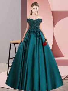 Latest A-line Quinceanera Gown Teal Off The Shoulder Satin Sleeveless Floor Length Zipper