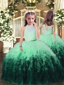 Glorious Multi-color Custom Made Pageant Dress Military Ball and Wedding Party with Ruffles High-neck Sleeveless Backless