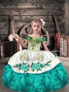 Beauteous Sleeveless Organza Floor Length Lace Up Little Girls Pageant Dress Wholesale in Turquoise with Beading and Embroidery and Ruffles