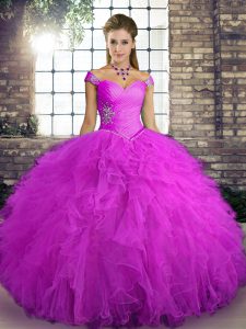 Customized Floor Length Fuchsia Sweet 16 Dress Off The Shoulder Sleeveless Lace Up