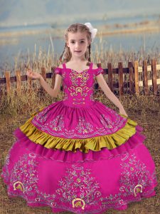 Beading and Embroidery Pageant Dress Toddler Fuchsia Lace Up Sleeveless Floor Length