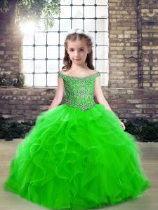 Green Lace Up Off The Shoulder Beading Little Girls Pageant Dress Wholesale Tulle Sleeveless