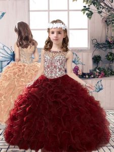 Elegant Beading and Ruffles Pageant Gowns For Girls Burgundy Lace Up Sleeveless Floor Length