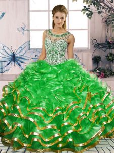 Glorious Green Scoop Neckline Beading and Ruffles 15th Birthday Dress Sleeveless Lace Up