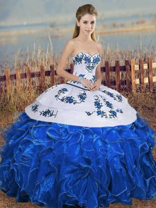 On Sale Blue And White Organza Lace Up Sweetheart Sleeveless Floor Length Sweet 16 Dresses Embroidery and Ruffles and Bowknot