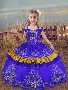 Excellent Blue Off The Shoulder Lace Up Beading and Embroidery Little Girls Pageant Dress Wholesale Sleeveless