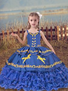 Blue Organza Lace Up Straps Sleeveless Floor Length Little Girls Pageant Gowns Beading and Embroidery and Ruffled Layers