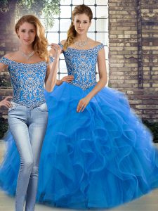 Sexy Blue Sleeveless Beading and Ruffles Lace Up Quinceanera Dresses