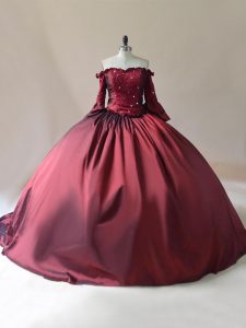 Nice Burgundy Ball Gown Prom Dress Satin Brush Train Long Sleeves Beading