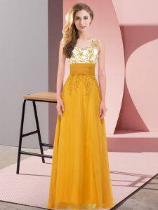 Wonderful Gold Chiffon Backless Dama Dress for Quinceanera Sleeveless Floor Length Appliques