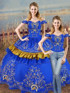 Cute Blue Off The Shoulder Lace Up Embroidery and Ruffled Layers Sweet 16 Dresses Sleeveless