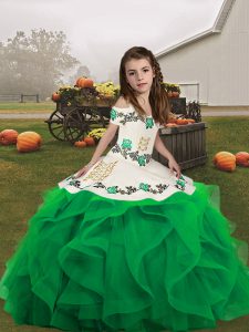 Fancy Floor Length Lace Up Kids Pageant Dress Green and In with Embroidery and Ruffles