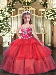 Red Organza Lace Up Straps Sleeveless Floor Length Pageant Gowns For Girls Beading and Ruffled Layers