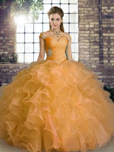 Orange Quinceanera Gowns Military Ball and Sweet 16 and Quinceanera with Beading and Ruffles Off The Shoulder Sleeveless Lace Up