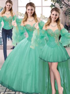 Stunning Beading Quinceanera Dresses Turquoise Lace Up Sleeveless Floor Length