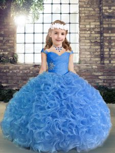 Floor Length Ball Gowns Sleeveless Blue Little Girls Pageant Gowns Lace Up