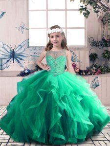 Most Popular Sleeveless Floor Length Beading and Ruffles Lace Up Pageant Gowns For Girls with Green