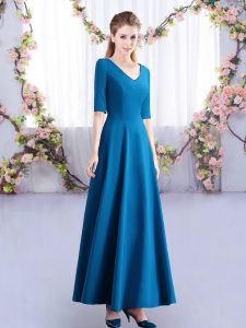 Empire Quinceanera Court Dresses Teal V-neck Satin Half Sleeves Ankle Length Zipper