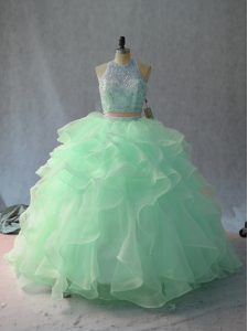 Extravagant Halter Top Sleeveless Sweet 16 Dresses Floor Length Beading and Ruffles Apple Green and Pink And White Organza