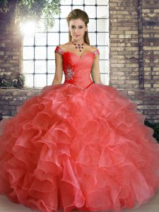 Off The Shoulder Sleeveless Lace Up 15 Quinceanera Dress Watermelon Red Organza