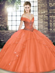 Fashion Orange Red Off The Shoulder Neckline Beading and Ruffles Quinceanera Gowns Sleeveless Lace Up