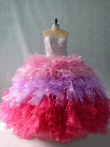 Amazing Sweetheart Sleeveless Organza Ball Gown Prom Dress Beading and Ruffles Lace Up