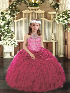 Hot Pink Halter Top Lace Up Beading and Ruffles Little Girls Pageant Gowns Sleeveless