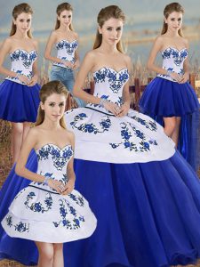 Most Popular Sweetheart Sleeveless Sweet 16 Dresses Floor Length Embroidery and Bowknot Royal Blue Tulle