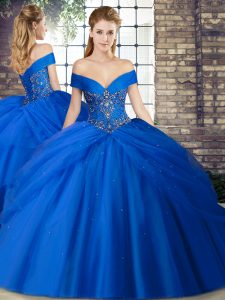 Tulle Off The Shoulder Sleeveless Brush Train Lace Up Beading and Pick Ups Quinceanera Gowns in Royal Blue