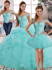 Three Pieces 15 Quinceanera Dress Aqua Blue Off The Shoulder Tulle Sleeveless Floor Length Lace Up