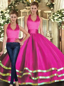 Fuchsia Ball Gowns Tulle Strapless Sleeveless Ruffled Layers Floor Length Lace Up 15 Quinceanera Dress