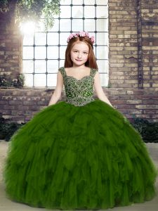 Trendy Ball Gowns Kids Formal Wear Olive Green Straps Tulle Sleeveless Floor Length Lace Up