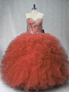 Sleeveless Floor Length Beading and Ruffles Lace Up Sweet 16 Dresses with Rust Red