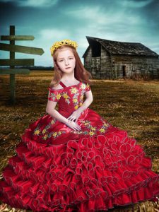 Sweet Red Ball Gowns Organza Off The Shoulder Short Sleeves Embroidery and Ruffled Layers Floor Length Lace Up Little Girls Pageant Dress